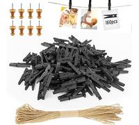 Hengxinchen Lot de 168 Mini Pince à Linge Bois Noir 25MM Mini Pince à Linge Mariage Petite Epingle en Bois pour Photo pour Polaroid Photo avec 10M Corde de Jute DIY Mini Epingle en Bois Photo