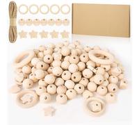 Hengxinchen Perle en Bois Naturel Macramé Kit,115 Perles en Bois Naturel,avec 12 Jupiter,5 Anneaux en Bois avec 10m Ficelle de Chanvre,pour Bricolage Fabrication de Bijoux Artisanat