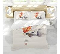 HengYun ART Asie Housse de Couette de Style Chinois Aquarelle Poisson Rouge Moderne Style Nordique Ensemble de literie Utral Housse de Couette Blanche Douce avec 2 taies d’Oreiller 220x240cm