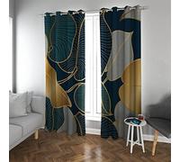 HengYun ART Rideaux occultants Ginkgo Biloba Feuilles Texture Longueur Bleu Marine et Or Rideaux de fenêtre, Abstract Plant Gold Curtains 2 Panel Set 2xL106xL183cm