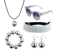 Henjunu 5 Pièces 70s Discoteca Accessories,Accessori Discoteca per Donne | Fascia lucida,Collana, orecchini e bracciale con palla da discoteca,Occhiali da Sole con Strass,per le Donne Degli Anni 70e