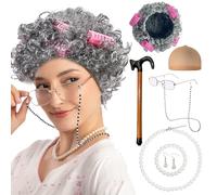 Henjunu Grand-Mère Perruque Grise, Kit de Deguisement Grand Mere, avec Lunettes Chaînes Lunettes Collier Perles Bracelet Boucles d'oreilles Béquilles Gonflables Fers Friser Filets Cheveux Ensemble