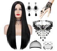 Henkodo Perruque Femme, 70cm, Noir, Bou Halloween, Carnaval, Fête, Cosplay, Set de 9 Pcs, Collier, Bracelet, Boucles d'Oreilles, Gothique