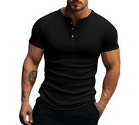 Henley Casua T-shirt décontracté à 3 boutons, coupe ajustée, pour homme, pull à manches courtes, pour le sport, les muscles, le fitness, les loisirs, le style classique, Noir , S