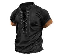 Henley Chemise vintage médiévale pour homme avec lacets Hauts Viking Manches longues Costume de pirate Steampunk Bloc de couleurs Haut élégant et décontracté T-shirt de loisirs Fitness Col montant, O