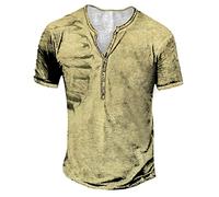Henley Chemises pour homme à manches courtes avec imprimé papillon, T-shirts délavés et boutonnés, T-shirts d'été 2025, Chemises Henley kaki à manches courtes pour hommes, L
