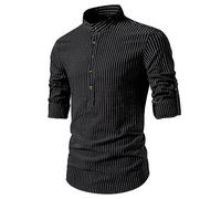 Henley Chemises pour homme à manches mi-longues enroulables en lin et coton avec col mandarin rayé et 5 boutons, Chemises Henley noires à manches courtes pour hommes, S