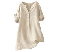 Henley Hauts élégants boutonnés à manches longues en lin pour femme - Chemisiers et chemises d'été et de printemps légers pour le bureau, la plage, les vacances, le salon, beige, S
