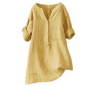 Henley Hauts élégants boutonnés à manches longues en lin pour femme - Chemisiers et chemises d'été et de printemps légers pour le bureau, la plage, les vacances, le salon, jaune, L