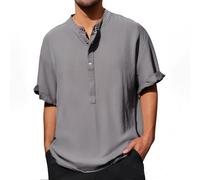Henley Shirts Chemise d'été à manches courtes pour homme - Col montant - Chemise d'affaires - Coupe droite - Couleur unie - Chemise de travail - Chemise de plage - En lin léger - Manches courtes