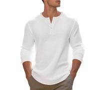 Henley Shirts T-shirt uni pour homme Col en V Manches longues T-shirt doux à manches longues décontracté stretch quotidien Haut confortable Loisirs T-shirt de sport Jacquard T-shirt d'extérieur, Blanc