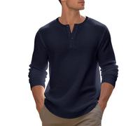 Henley Shirts T-shirt uni pour homme Col en V Manches longues T-shirt doux à manches longues décontracté stretch quotidien Haut confortable Loisirs T-shirt de sport Jacquard T-shirt d'extérieur, bleu