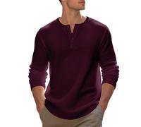 Henley Shirts T-shirt uni pour homme Col en V Manches longues T-shirt doux à manches longues décontracté stretch quotidien Haut confortable Loisirs T-shirt de sport Jacquard T-shirt d'extérieur, rouge