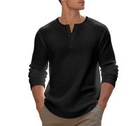 Henley Shirts T-shirt uni pour homme Col en V Manches longues T-shirt doux à manches longues décontracté stretch quotidien Haut confortable Loisirs T-shirt de sport Jacquard T-shirt d'extérieur, Noir