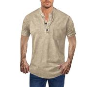 Henley T-shirt à col rond pour homme - Manches courtes - Avec boutons - Aspect usé - T-shirt basique avec poche de poitrine - Manches courtes - Vintage - Distressed - Confortable, beige, XXXL