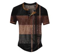 Henley T-shirt d'été vintage à manches courtes boutonnées pour homme T-shirt de sport à carreaux T-shirt d'été décontracté à manches courtes Grande taille S à 4XL, 1 café, M