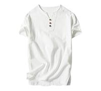 Henley T-shirt en coton pour homme, confortable, col en V, léger, à manches courtes, surdimensionnées, été, signés, pour homme, doux, coton, taille forte, haut de sport, respirant plage, Blanc, XL