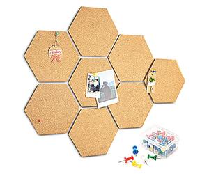 HENMI Lot de 8 tableaux en liège adhésifs - Décoration murale - Plaque de liège ronde multifonction avec bords ondulés pour accrocher des photos-Avec 40 broches multicolores Hexagon