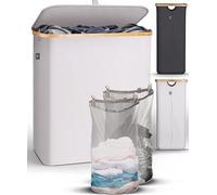 HENNEZ Grand panier à linge avec couvercle, 2 compartiments | Sac à linge 140L | Panier à linge pour salle de bain et chambre | Collecteur de linge moderne avec poignées | Pliable