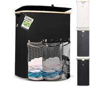 Hennez Panier à linge 150 l - Panier à linge 3 compartiments - Avec couvercle - Trieur à linge avec sac à linge - Laundry Baskets - Noir Bambou - Panier à linge - Panier à linge - Système de tri du