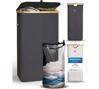HENNEZ Panier a Linge avec Couvercle - Corbeille a Linge Poignée en Bambou - Paniere a Linge Sale Pliable 100 L - Bac a Linge pour Buanderie,Panier à Linge, Gris Fonce