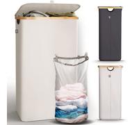 HENNEZ Panier a Linge avec Couvercle - Corbeille a Linge Poignée en Bambou - Paniere a Linge Sale Pliable 100 L - Bac a Linge pour Buanderie,Panier à Linge, Beige