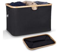 HENNEZ Panier à linge pliable 60 l noir - Panier à linge en tissu avec bord en bambou - Panier à linge pliable et plat - Panier à linge portable