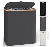 HENNEZ Panier à Linge Sale 140L - Panier a Linge 2 Compartiment - Bac a Linge Sale Pliable avec Couvercle, Poignée en Bambou - Corbeille a Linge pour Buanderie, Gris Fonce