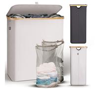 HENNEZ Panier à Linge Sale 140L - Panier a Linge 2 Compartiment - Bac a Linge Sale Pliable avec Couvercle, Poignée en Bambou - Corbeille a Linge pour Buanderie, Beige