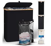 HENNEZ Panier à Linge Sale 140L - Panier a Linge 2 Compartiment - Bac a Linge Sale Pliable avec Couvercle, Poignée en Bambou - Corbeille a Linge pour Buanderie, Noir