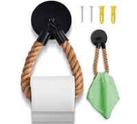 HENNEZ Porte Papier Toilette Mural avec Percage - Support Papier Toilette Noir - Style Industriel Deco Toilette avec Corde de Jute - Porte Papier Toilette Bois - Support Papier Toilette Mural