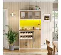 Hennhari Buffet de Cuisine Moderne avec éclairage LED et Prise électrique, Porte-Verres et Range-Bouteilles intégrés, Portes vitrées, Grand Espace de Rangement (Blanc Naturel)