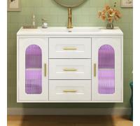 Hennhari Meuble sous Vasque Suspendu 76cm avec Lavabo, Salle de Bain Moderne en, Portes en Verre Côtelé, Éclairage LED, Tiroirs et Étagères Réglables (Blanc)