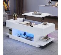 Hennhari Table Basse modulable en Hauteur avec Finition Brillante, Coffre de Rangement et étagères Ouvertes, éclairage LED intégré, Meuble Moderne pour Salon (Blanc)