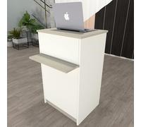Henor Comptoir EGA roulettes. 82 x 50/65 x 102 cm. 4 roulettes Pivot et Frein Max 135kg. Ideal Bureau. Commerce. Clinique. Blanc et Chêne Stel