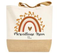 henrietteandco Tote Bag ATSEM Personnalisé avec Prénom + Motif | Sac Coton Premium 100% | Cadeau Fin d’Année École Maternelle | Cabas 9,8L Made in France (Rainbow)