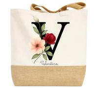 henrietteandco Tote Bag Femme Personnalisé avec Initiale Fleurie + Prénom | Sac Coton Épais Premium | Élégant, Réutilisable & Unique | Idée Cadeau Made in France