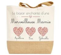 henrietteandco Tote Bag Mamie Personnalisé avec Prénoms Cœurs Fleuris | Sac Coton Premium 100% | Cadeau Petit-Enfant Tendre | Cabas 9,8L Made in France (3 Enfants)