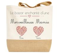 henrietteandco Tote Bag Mamie Personnalisé avec Prénoms Cœurs Fleuris | Sac Coton Premium 100% | Cadeau Petit-Enfant Tendre | Cabas 9,8L Made in France (2 Enfants)