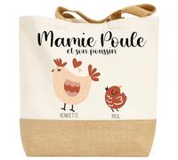 henrietteandco Tote Bag Mamie Poule Personnalisé avec Prénom + Jusqu’à 5 Poussins | Sac Coton Premium 100% | Cadeau Grand-Mère Original | Cabas 9,8L Made in France (1 Enfant)