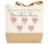 henrietteandco Tote Bag Nounou Personnalisé avec Prénoms sous Cœurs Fleuris | Sac Coton Premium 100% | Cadeau Fin d’Année Émotion | Cabas 9,8L Made in France (5 Enfants)