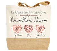 henrietteandco Tote Bag Nounou Personnalisé avec Prénoms sous Cœurs Fleuris | Sac Coton Premium 100% | Cadeau Fin d’Année Émotion | Cabas 9,8L Made in France (3 Enfants)