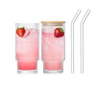 Henrrida Lot de 2 tasses en verre avec couvercles et pailles, rétro transparent, 325 ml, verres nervurés réutilisables, adaptés pour whisky, bière, matcha, jus, latte glacé, cocktails