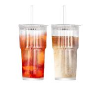 Henrrida Lot de 2 tasses en verre transparent scellé avec paille et couvercle, 600 ml avec couvercles et pailles, pour cocktail, matcha et smoothie