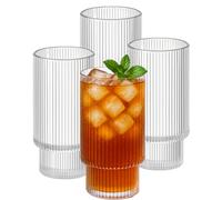 Henrrida Lot de 4 verres à café glacé rétro transparent, 325 ml, réutilisables et nervurés, adaptés pour whisky, bière, matcha, jus, latte glacé, cocktails