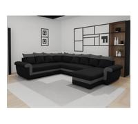 Henry - canapé panoramique d'angle réversible - 7 places - convertible avec coffre - en tissu et PU - Noir / Gris