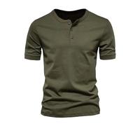 Henry Slim t-Shirt pour Homme Muscle col V boutonné Manches Courtes T-Shirt en Coton Slim Soft Sport (Vert Militaire,XXL)