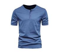 Henry Slim t-Shirt pour Homme Muscle col V boutonné Manches Courtes T-Shirt en Coton Slim Soft Sport (Bleu,XL)