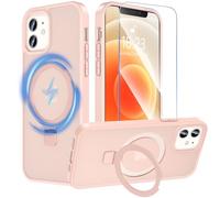 Hensinple Coque de protection magnétique pour iPhone 12/iPhone 12 Pro avec support, en verre de protection blindé, compatible avec MagSafe, translucide, mat, anti-chocs, rose