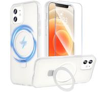 Hensinple Coque de protection magnétique pour iPhone 12/iPhone 12 Pro avec support, en verre de protection blindé, compatible avec MagSafe, translucide, mat, anti-chocs, transparent mat